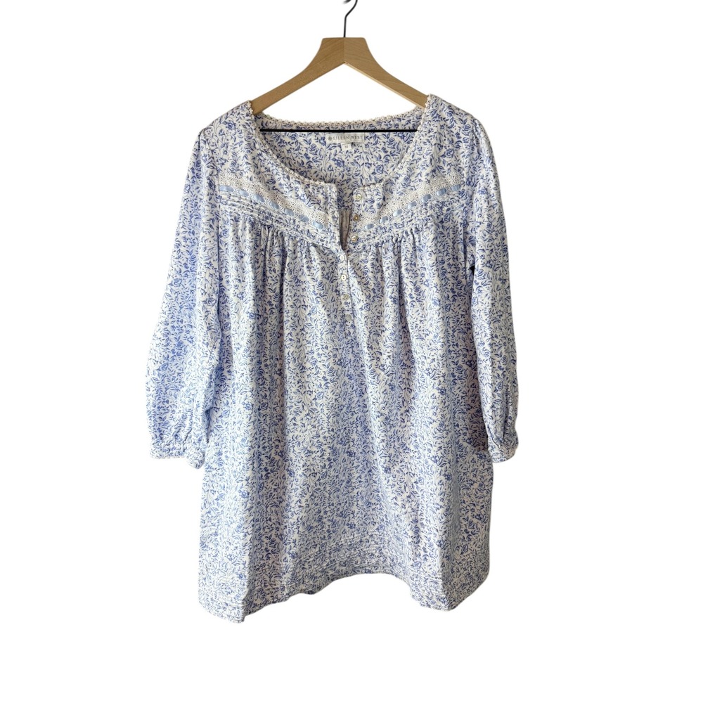 Eileen West Blue White Floral‎ Toile Lace Trim Cotton Blend Nightgown Medium